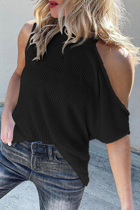 Black Ribbed Cold Shoulder Knit Top