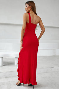 Red One-shoulder Cascading Split Evening Party Maxi Dress